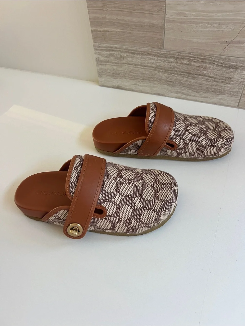 Coach blake cocoa burnished amber jacquard logo mules clogs turnlock straps 5